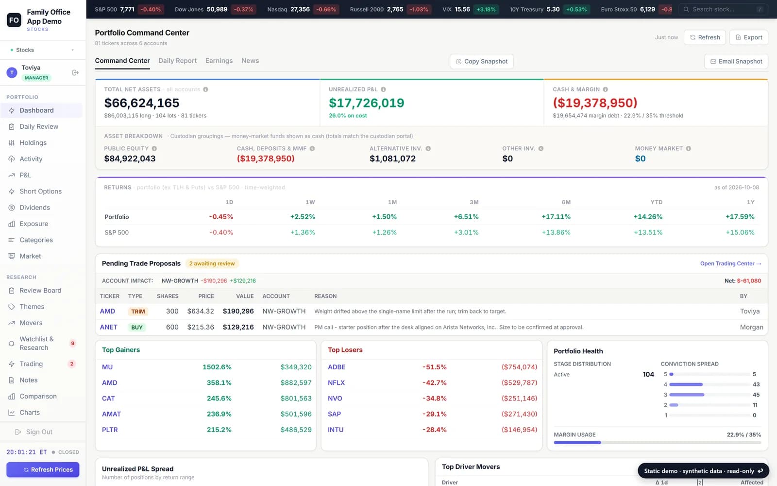 The Stocks app's portfolio dashboard, from the demo